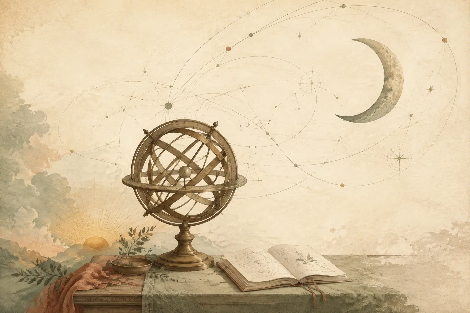 Esfera armilar, luna creciente y cuaderno ilustrados sobre papel artesanal
