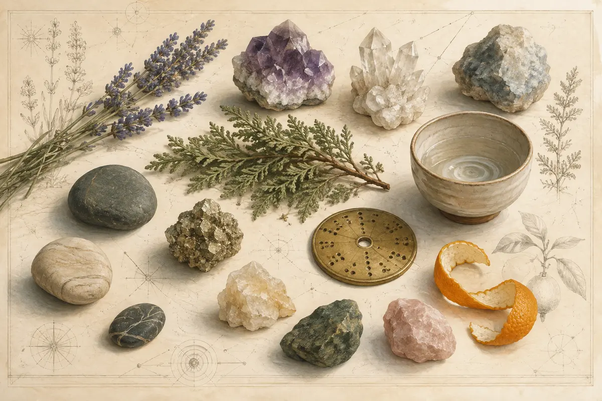 Colección ilustrada de minerales, lavanda, cedro, cítricos y un cuenco de cerámica