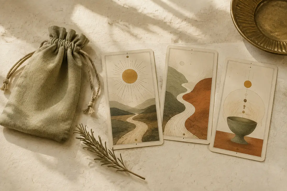 Tres cartas ilustradas con un sol, un camino y una vasija junto a una rama de romero